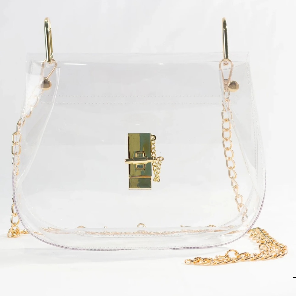 Clearly Handbag with gold chain strap and wide camo strap